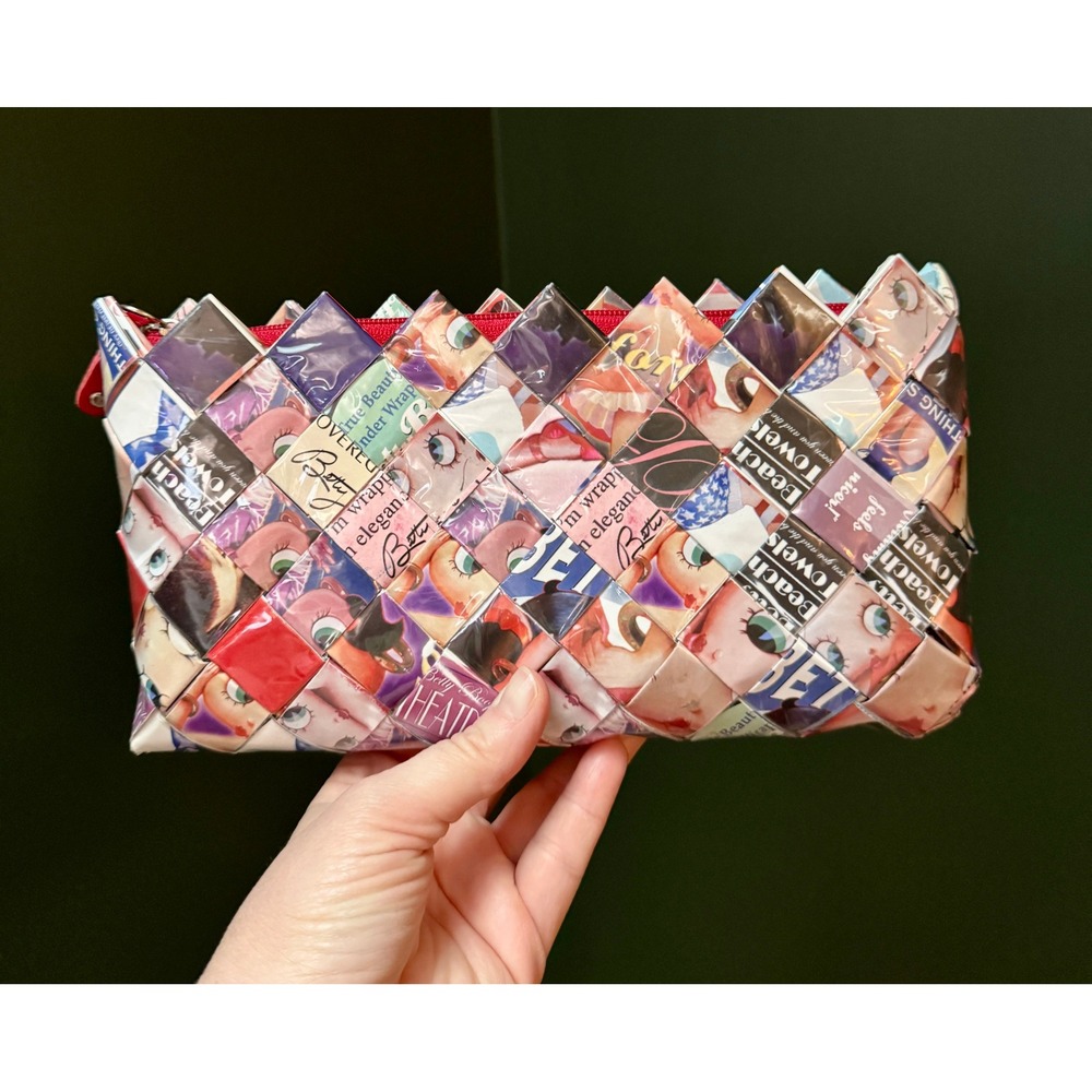 Nahui Ollin Clutch Recycled Magazine Woven Red Zip Unique